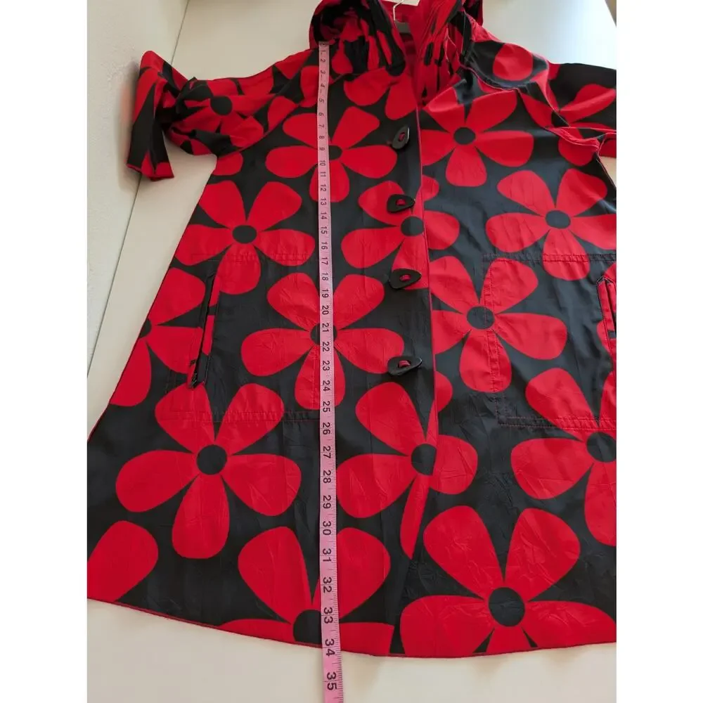 UBU Raincoat Reversible Pleated Floral Hooded Spring Fall Quirky Red Size S
